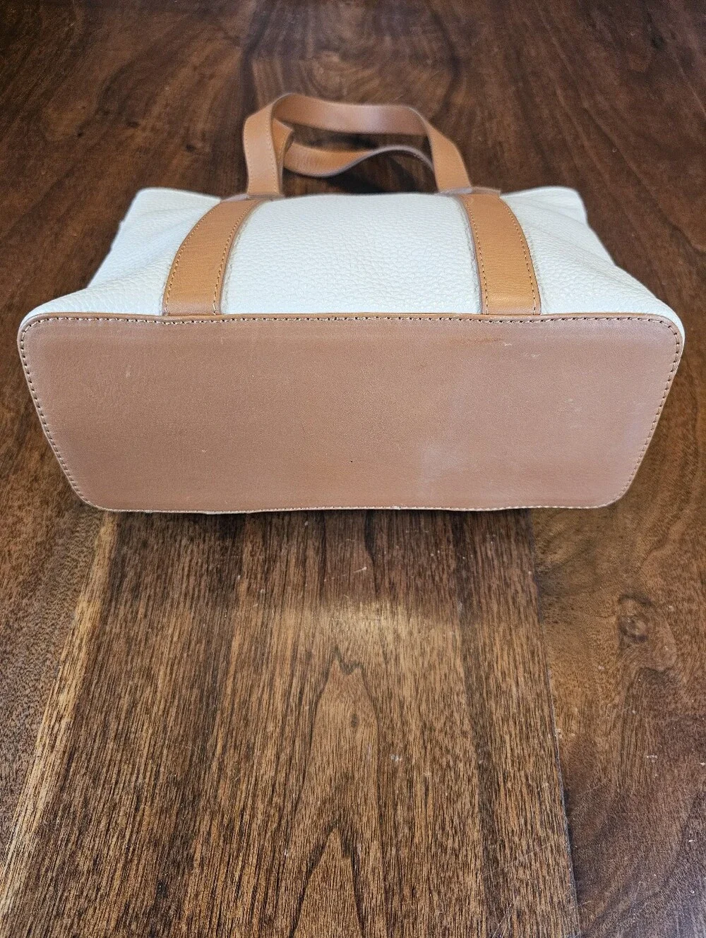 VALENTINA Italy Cream Pebbled Leather Tote Bag with Tan Straps